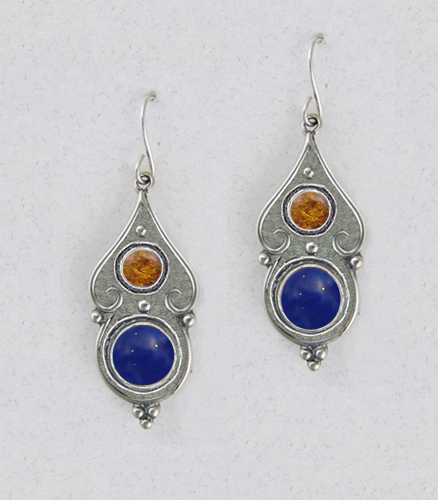 Sterling Silver Gothic Look With Lapis Lazuli And Amber Gemstone Drop Dangle Earrings
